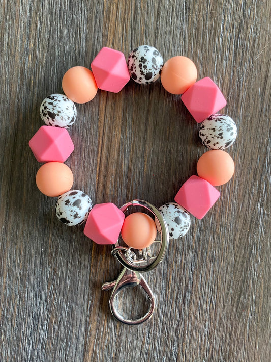 Coral and Cow Print Hex Bead Wristlet