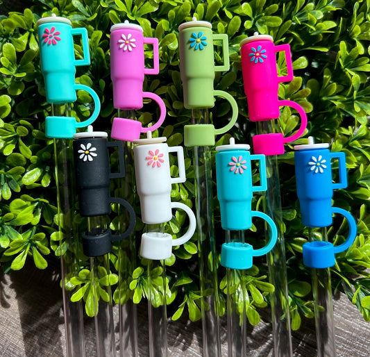 Tumbler with Daisy Silicone Straw Topper